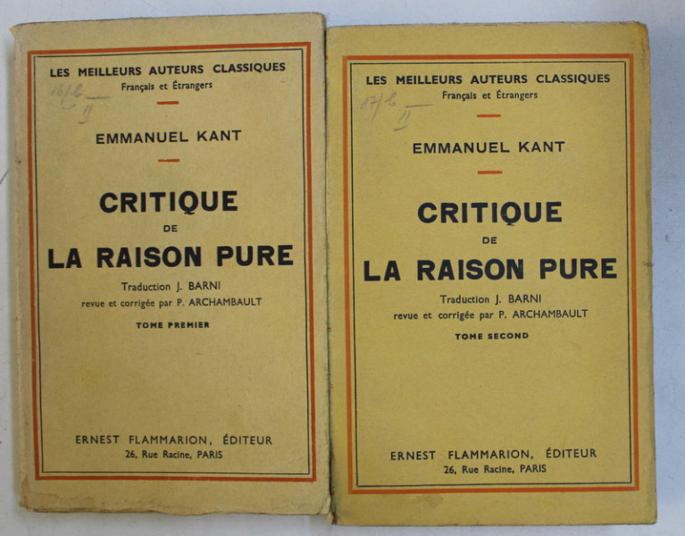 CRITIQUE DE LA RAISON PURE TOM I II Par EMMANUEL KANT