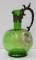 Carafa din sticla de culoare verde, pictata manual, Perioada Interbelica