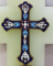 CRUCIFIX DIN BRONZ AURIT CU EMAIL POLICROM , MONTAT PE ALABASTRU , PERIOADA INTERBELICA