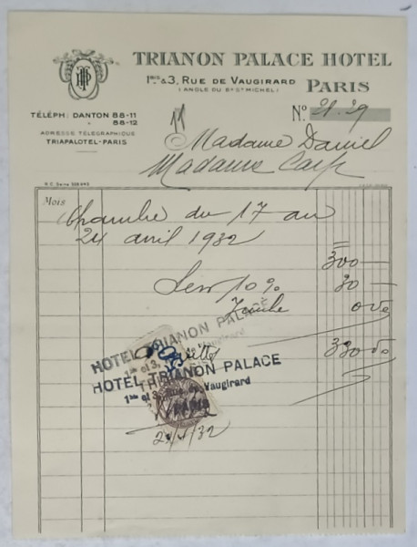 11.CHITANTA ELIBERATA  FAMILIILOR  DOCTORULUI CONSTANTIN DANIEL SI ANTON CARP ,  DE HOTELUL  ' TRIANON  PALACE ' DIN PARIS , 1932