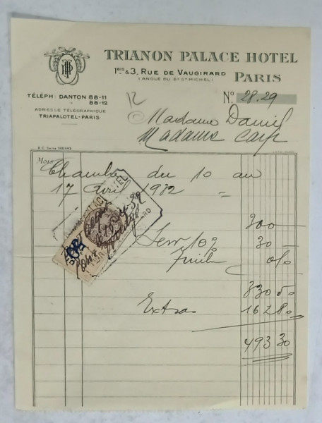 12.CHITANTA ELIBERATA  FAMILIILOR  DOCTORULUI CONSTANTIN DANIEL SI ANTON CARP ,  DE HOTELUL  ' TRIANON  PALACE ' DIN PARIS , 1932