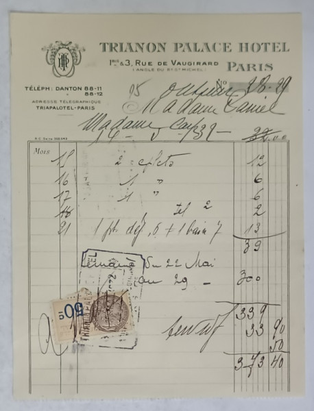 15.CHITANTA ELIBERATA  FAMILIILOR  DOCTORULUI CONSTANTIN DANIEL SI ANTON CARP ,  DE HOTELUL  ' TRIANON  PALACE ' DIN PARIS , 1932