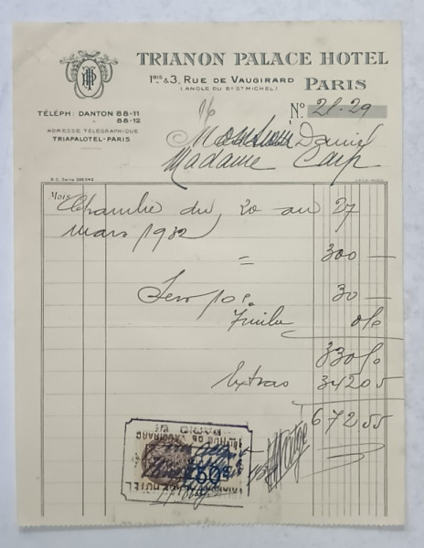 16.CHITANTA ELIBERATA  FAMILIILOR  DOCTORULUI CONSTANTIN DANIEL SI ANTON CARP ,  DE HOTELUL  ' TRIANON  PALACE ' DIN PARIS , 1932