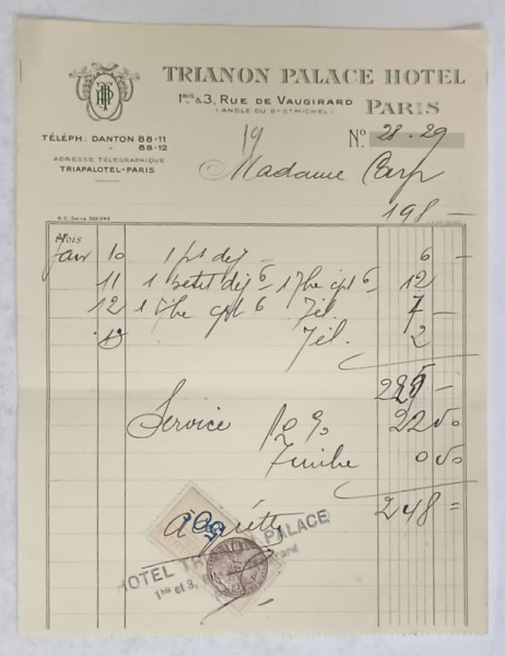 19.CHITANTA ELIBERATA  FAMILIEI  ANTON CARP ,  DE HOTELUL  ' TRIANON  PALACE ' DIN PARIS , 1932