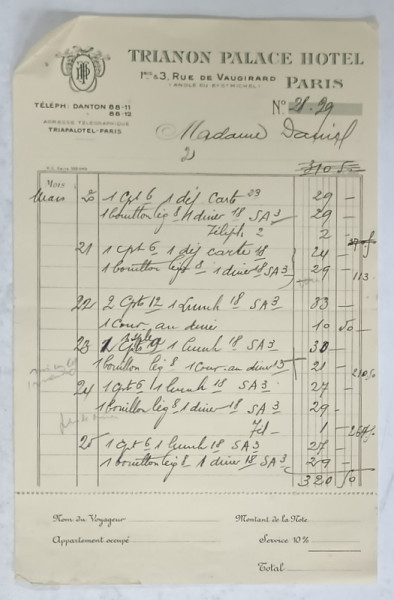 2.CHITANTA ELIBERATA  FAMILIEI DOCTORULUI CONSTANTIN DANIEL DE HOTELUL  ' TRIANON  PALACE ' DIN PARIS , 1932