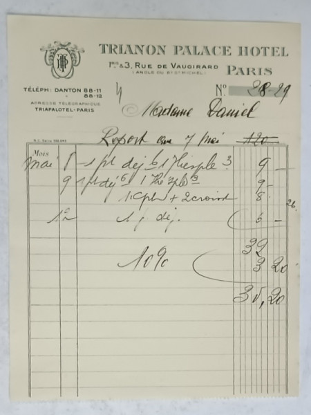 4.CHITANTA ELIBERATA  FAMILIEI DOCTORULUI CONSTANTIN DANIEL DE HOTELUL  ' TRIANON  PALACE ' DIN PARIS , 1932