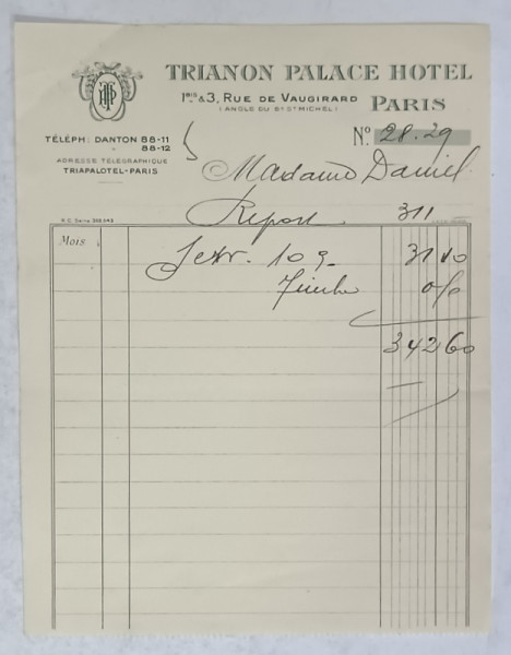 5.CHITANTA ELIBERATA  FAMILIEI DOCTORULUI CONSTANTIN DANIEL DE HOTELUL  ' TRIANON  PALACE ' DIN PARIS , 1932