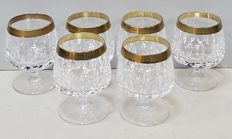 6 pahare din cristal pentru servit coniac, decorate cu aur coloidal, Secol 20