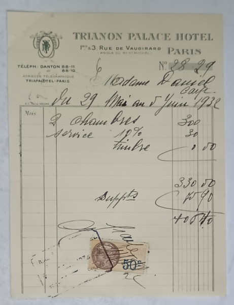 6..CHITANTA ELIBERATA  FAMILIEI DOCTORULUI CONSTANTIN DANIEL DE HOTELUL  ' TRIANON  PALACE ' DIN PARIS , 1932