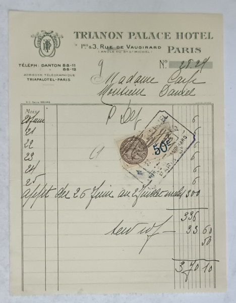 9.CHITANTA ELIBERATA  FAMILIILOR  DOCTORULUI CONSTANTIN DANIEL SI ANTON CARP ,  DE HOTELUL  ' TRIANON  PALACE ' DIN PARIS , 1932