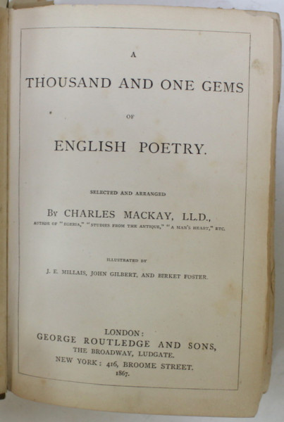 A THOUSAND AND ONE GEMS ON ENGLISH POETRY , selected by CHARLES MACKAY , 1867