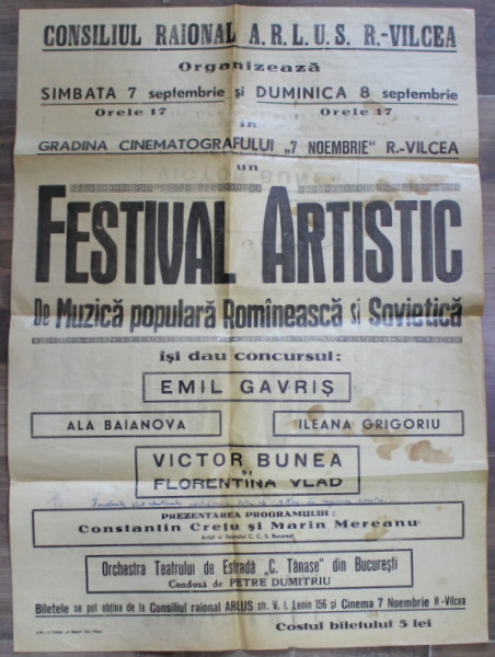 AFISUL FESTIVALULUI ARTISTIC DE MUZICA POPULARA ROMANEASCA SI SOVIETICA , GRADINA CINEMATOGRAFULUI ' 7 NOIEMBRIE ' , RAMNICU VALCEA , ANII' 50
