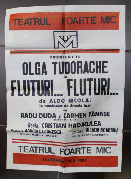 AFISUL SPECTACOLULUI '' FLUTURI ...FLUTURI ...'' CU OLGA TUDORACHE IN ROLUL PRINCIPAL , TEATRUL FOARTE MIC , 1982-1983