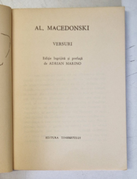 AL. MACEDONSKI , VERSURI , editie de ADRIAN MARINO , desen de MARCELA CORDESCU , COLECTIA '' CELE MAI FRUMOASE POEZII '' , NR. 94 , 1967 , FORMAT REDUS