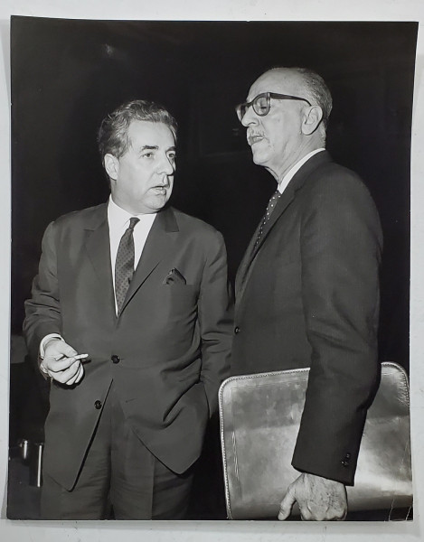 AMABASDORUL MIHAIL HASEGANU IN DISCUTIE CU UN OFICIAL , SEDIUL O.N.U. , FOTOGRAFIE , ANII ' 60