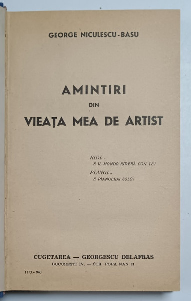 AMINTIRI DIN VIEATA MEA DE ARTIST de GEORGE NICULESCU - BASU , 1940