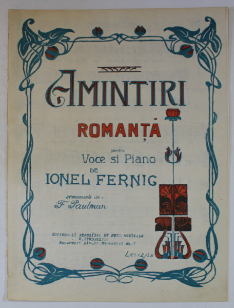 AMINTIRI , ROMANTA PENTRU VOCE SI PIANO de IONEL FERNIC , INTERBELICA , PARTITURA