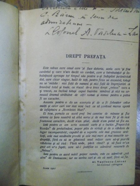 Amintirile unui copil de trupa, roman, Col. Vasilescu Lascar 1921 cu dedicatia autorului