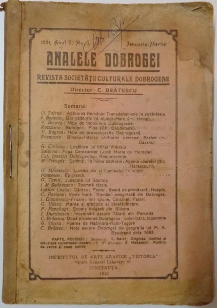 ANALELE DOBROGEI , REVISTA SOCIETATII CULTURALE DOBROGENE , DIRECTOR C. BRATESCU , ANUL II , NR. 7 , IANUARIE - MARTIE 1921