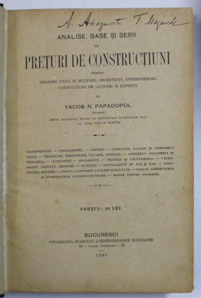 ANALISE , BASE SI SERII DE PRETURI DE CONSTRUCTIUNI ..de YACOB N. PAPADOPOL , 1897