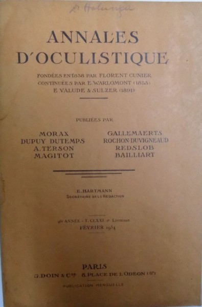 ANNALES D ' OCULISTIQUE ,  par MORAX..BAILLIART , FEVRIER 1934