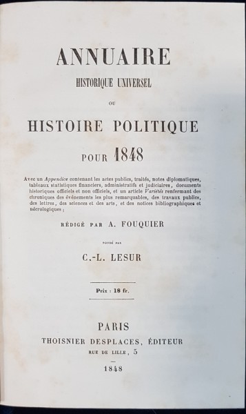 ANNUAIRE HISTORIQUE UNIVERSEL OU HISTOIRE POLITIQUE POUR 1848 par A. FOUQUIER - PARIS, 1848