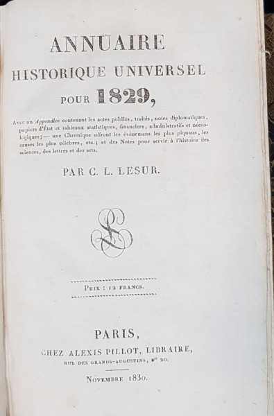 ANNUAIRE HISTORIQUE UNIVERSEL POUR 1829 par C. L. LESUR - PARIS, 1830