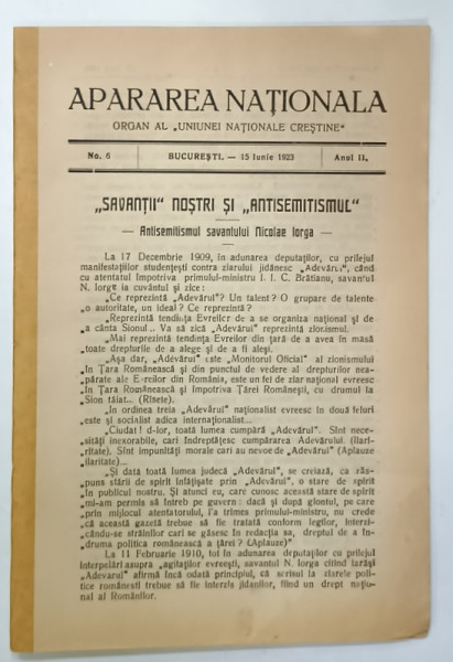 APARAREA NATIONALA , ORGAN AL ' UNIUNEI NATIONALE CRESTINE ' , NR. 6 ,15 IUNIE 1923