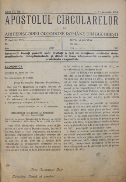 " APOSTOLUL CIRCULARELOR AL ARHIEPISCOPIEI ORTODOXE ROMANE DIN BUCURESTI "  , COLECTIA ZIARELOR PE ANUL 1939 , LEGATE IMPREUNA