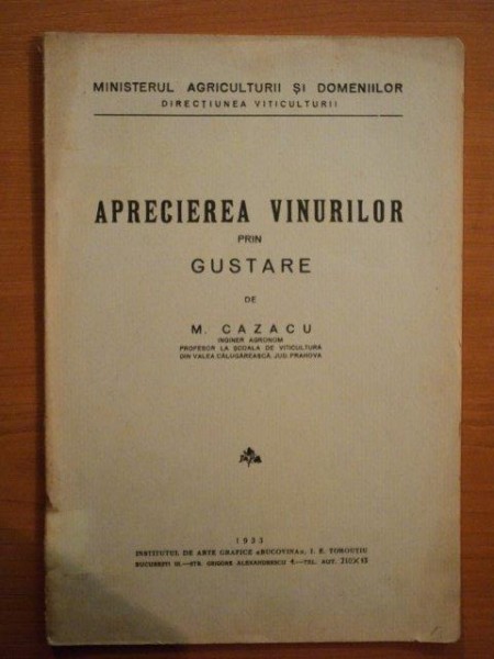 APRECIEREA VINURILOR PRIN GUSTARE de M. CAZACU 1933