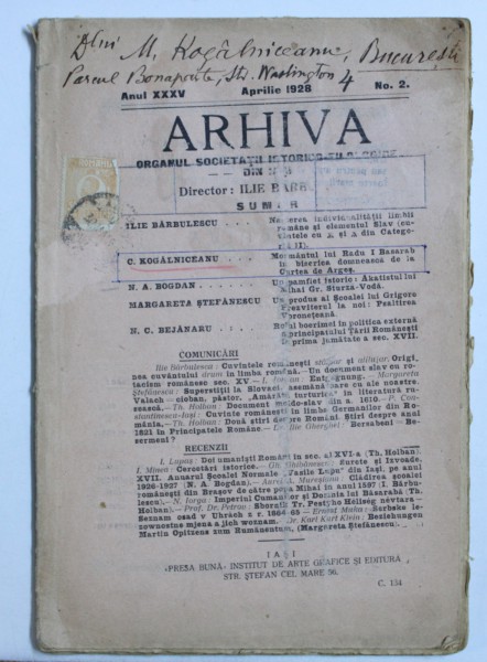 ARHIVA - ORGANUL SOCIETATII ISTORICO - FILOLOGICE DIN IASI , ANUL XXXV - NO. 2 , APRILIE 1928