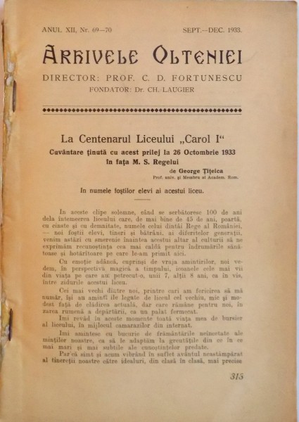 ARHIVELE OLTENIEI de C.D. FORTUNESCU, NR. 69 - 70, ANUL XII, SEPT - DEC, 1933