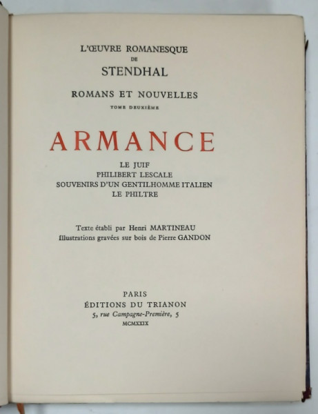 ARMANCE par STENDHAL , illustrations gravees sur bois de PIERRE GANDON , 1929 , EXEMPLAR NR. 808 DIN 1820 *
