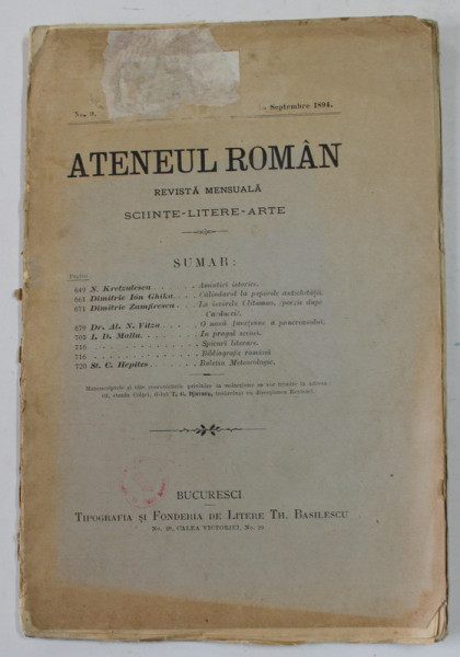 ATENEUL ROMAN , REVISTA MENSUALA , SCIINTE - LITERE - ARTE , SEPTEMBRIE , NR. 9 , 1894