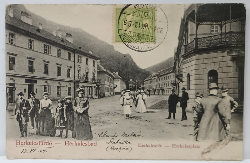 BAILE HERCULANE , VEDERE DIN STATIUNE , CARTE POSTALA ILUSTRATA , TRUCATA , CU TURISTI IN PLAN APROPIAT , CLASICA