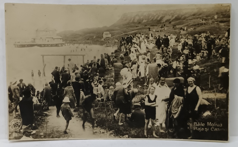 BAILE MOVILA , PLAJA SI CAZINOUL , VEDERE DE PE FALEZA , CARTE POSTALA ILUSTRATA , PERIOADA INTERBELICA