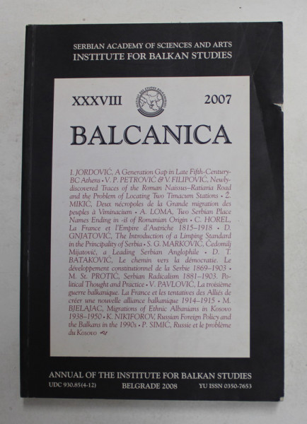 BALCANICA , XXXVIII , 2007 , ANNUAL OF THE INSTITUTE FOR BALKAN STUDIES