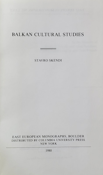 BALKAN CULTURAL STUDIES by  STAVRO SKENDI , 1980