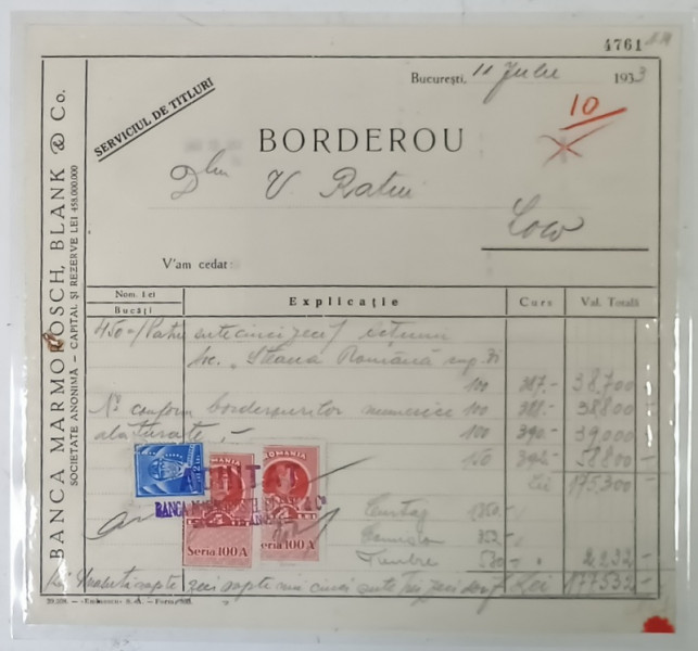BANCA MARMOROSCH , BLANK and Co. , BORDEROU DIN 11 IULIE , 1933