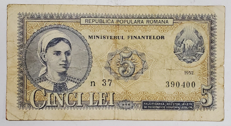 BANCNOTA ' CINCI LEI ' , R.P.R. , DATATA 1952