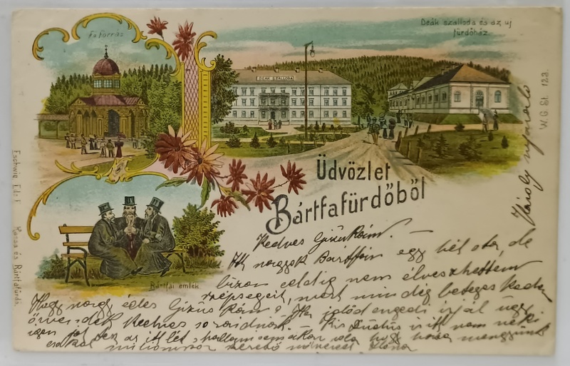 BARTFA FURDO , SLOVACIA , MONTAJ CU TREI IMAGINI DIN LOCALITATE , GRAVURI REPRODUSE , CROMOLITOGRAFIE , CLASICA , 1898