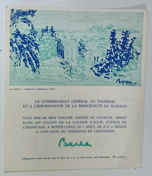 BEREA , INVITATIE LA VERNISAJ , EXPOZITIE chez RAUCH , MONTE CARLO , ANII '70 - ' 80