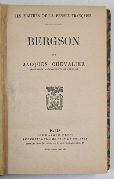 BERGSON par JACQUES  CHEVALIER , 1926