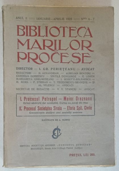 BIBLIOTECA MARILOR PROCESE ,  ilustratii de A. MURNU , ANUL II , NR. 6-7 , IANUARIE - APRILIE , 1925