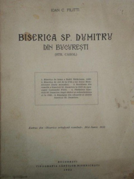 BISERICA SF. DUMITRU DIN BUCURESTI (STR. CAROL) de IOAN C. FILLITTI 1932