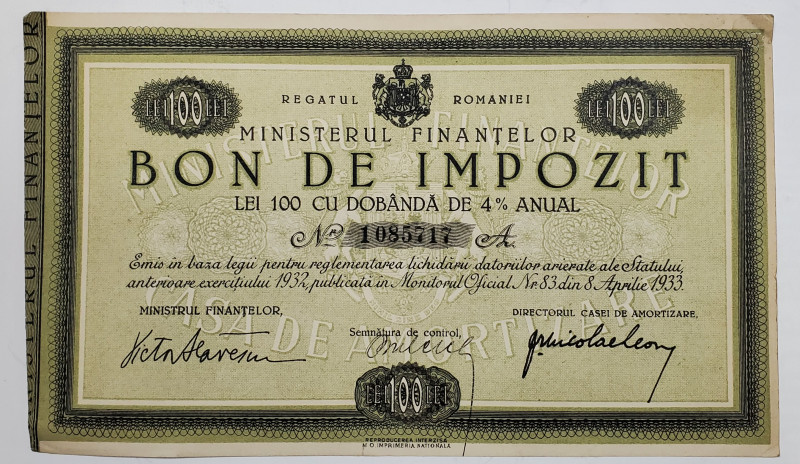 BON DE IMPOZIT , LEI 100 CU DOBANDA DE 4 LA SUTA ANUAL , REGATUL ROMANIEI , 1933