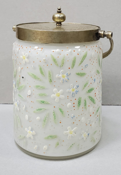 Borcan pentru bomboane, sticla pictata si montura argintata, Perioada Interbelica