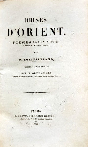 BRISES D'ORIENT , POESIES ROUMANIEES par D. BOLINTINEANU - PARIS, 1866