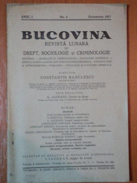 BUCOVINA, REVISTA LUNARA DE DREPT, SOCIOLOGIE SI CRIMINOLOGIE -ANUL I, NR.6, OCT. 1927