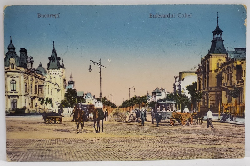 BUCURESTI , BULEVARDUL COLTEI , TRECATORI , TRASURI , TRAMVAI CU CAI , CALARETI PE CAI , CARTE POSTALA , 1915